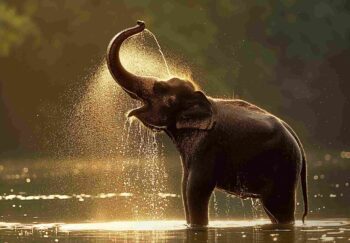 An elephant spraying water from its trunk while bathing in a lake at golden hour.